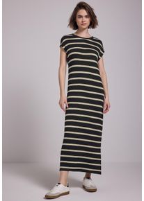 Damen Midikleid, schwarz, casual, Gr. 42, STREET ONE STUDIO, gestreift, Stoff, 94% Viskose, 6% Elasthan, Kleider, mit Rundhalsausschnitt