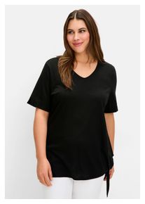 sheego Damen T-Shirt "Große Größen", schwarz, casual, Gr. 48, unifarben, Obermaterial: 50% Baumwolle, 50% Viskose, Shirts, mit Knotendetail am Saum