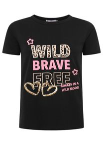 Zwillingsherz Damen T-Shirt ""Wild Brave Free"", schwarz, modisch, Gr. SM, unifarben mit Farbeinsatz, Single Jersey, Obermaterial: 92% Baumwolle, 8%