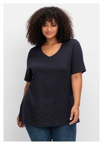 sheego Damen T-Shirt "Große Größen", blau, feminin, Gr. 44, unifarben, Obermaterial: 100% Baumwolle, Shirts, mit Lochstickerei-Passe am Saum