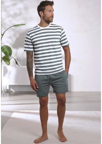 H.I.S. H.I.S Herren Pyjama, Gr. 44, grün, Jersey, Obermaterial: 60% Baumwolle, 40% Polyester, gestreift, Basic, Homewear-Sets, Schlafanzug aus Baumwoll-Mix