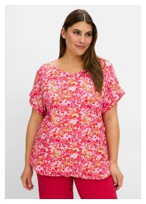 sheego Damen T-Shirt "Große Größen", rot, casual, Gr. 40, gemustert, Obermaterial: 95% Viskose, 5% Elasthan, Shirts, mit Blumendruck und Saum-Gummizug