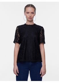 Pieces Damen Spitzenshirt "PCOLLINE SS LACE TOP WVN NOOS", schwarz, modisch, Gr. XS, unifarben, Jersey, Obermaterial: 90% Nylon, 10% Elasthan, Shirts