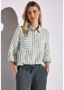 Street One Damen Hemdbluse, grün, casual, Gr. 42, gestreift, Web, Obermaterial: 100% Leinen, Blusen, mit Streifen Muster