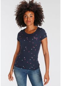 Kangaroos Damen T-Shirt, blau, casual, Gr. 36, unifarben mit Farbeinsatz, bedruckt, kontrastfarbene Details, Rippware, Obermaterial: 100% Baumwolle,