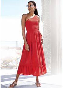 Buffalo Damen One-Shoulder-Kleid, rot, modisch, Gr. 38, unifarben, Cru00eape, Obermaterial: 100% Viskose, Kleider, mit Volants, strukturiertes