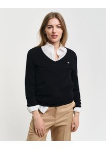 Gant Damen V-Ausschnitt-Pullover "EXTRAFINE LAMBSWOOL V-NECK", schwarz, casual, Gr. XL, Strick, Obermaterial: 90% Wolle, 10% Polyamid, Pullover
