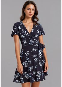 Laura Scott Damen Jerseykleid, blau, feminin, Gr. 36, geblümt, Single Jersey, Obermaterial: 95% Viskose, 5% Elasthan, Kleider, in Wickeloptik mit