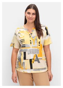 sheego Damen T-Shirt "Große Größen", gelb, casual, Gr. 46, gemustert, Obermaterial: 50% Baumwolle, 50% Modal, Shirts, mit Grafikprint und Knopfleiste