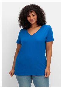 sheego Damen T-Shirt "Große Größen", blau, casual, Gr. 48, unifarben, Obermaterial: 100% Baumwolle, Shirts, mit V-Ausschnitt