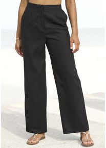 Buffalo Damen Leinenhose, schwarz, modisch, Gr. 34, unifarben, Web, Obermaterial: 55% Leinen, 45% Viskose, Hosen, mit weiter Beinform und Taschen,