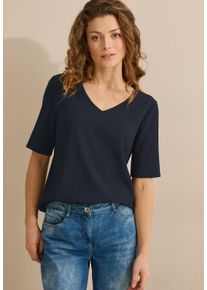 Cecil Damen Kurzarmbluse, blau, casual, Gr. L, unifarben, Stoff, 55% Polyester, 44% Viskose, 1% Elasthan, Blusen, mit V-Ausschnitt