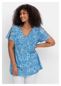 sheego Damen T-Shirt "Große Größen", blau, feminin, Gr. 44, gemustert, Obermaterial: 60% Baumwolle, 40% Polyester, Shirts, mit Ausbrenner-Effekt und