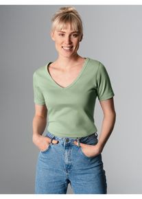 TRIGEMA Damen T-Shirt "TRIGEMA V-Shirt aus Baumwolle/Elastan", grün, Basic, Gr. M, 95% Baumwolle, 5% Elastan, Shirts