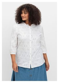 sheego Damen Rüschenbluse "Große Größen", weiß, feminin, Gr. 52, unifarben, Obermaterial: 100% Baumwolle, Blusen, aus Lochspitze