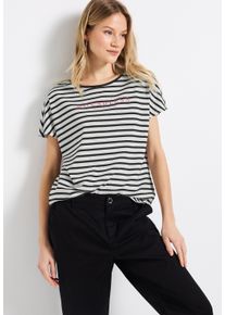 Street One Damen Kurzarmshirt, schwarz, casual, Gr. 36, gestreift, Jersey, Obermaterial: 50% Baumwolle, 50% Modal, Shirts, im Streifen-Look mit