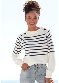 Vivance Damen Streifenpullover, blau, casual, Gr. 36, gestreift, Strick, Obermaterial: 100% Baumwolle, Pullover, mit Zierknöpfen, Streifenoptik,