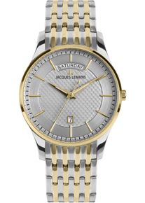 Jacques Lemans Herren Quarzuhr "London"silbergoldfarben, silberfarben, Armbanduhren, Armbanduhr, Herrenuhr, Lederarmband, analog, Wochentag, Tag