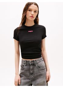 Tommy Jeans Damen Kurzarmshirt "TJW SLIM SCRIPT LABEL SS TEE EXT", schwarz, casual, Gr. M, unifarben, Single Jersey, Obermaterial: 95% Baumwolle, 5%