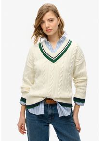 Superdry Damen V-Ausschnitt-Pullover, weiß, modisch, Gr. XL, unifarben, Strick, Obermaterial: 60% Baumwolle, 40% Polyacryl, Pullover