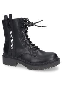 Damen Schnürstiefel, Dockers by Gerli, Gr. 37, schwarz, Lederimitat, modisch, Schuhe, Biker Boots, Plateau Stiefel mit modischem Textilband