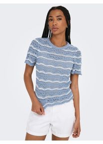 Only Damen Kurzarmpullover "ONLANNASOFIA LIFE SS STRIPE O-NECK KNT"forever blau stripes:cloud dancer, modisch, Gr. L, gestreift, Strick,