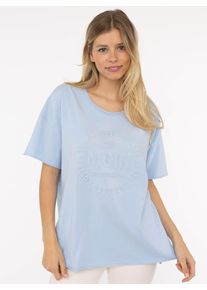 Zwillingsherz Damen Kurzarmshirt "Oversized Shirt Stempeldruck "Moin"", blau, modisch, Gr. L, bedruckt, unifarben, Web, Obermaterial: 95% Baumwolle,
