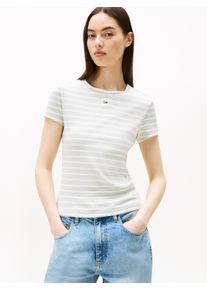 Tommy Jeans Damen T-Shirt "TJW SLIM ESSENTIAL RIB SS"misty sage, stripe, casual, Gr. S, gestreift, Rippware, Obermaterial: 95% Baumwolle, 5%