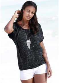 Lascana Damen Kurzarmshirt "mit Schulterraffung", schwarz, casual, Gr. 32, meliert, Obermaterial: 90% Viskose, 10% Polyester, Shirts, aus weicher