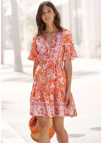 Lascana Damen Sommerkleid, orange, modisch, Gr. 38, bedruckt, Web, Obermaterial: 100% Viskose, Kleider, mit Alloverdruck