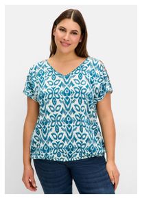 sheego Damen T-Shirt "Große Größen", blau, feminin, Gr. 52, gemustert, Obermaterial: 60% Baumwolle, 40% Polyester, Shirts, mit Gummizugbund