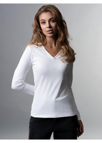 TRIGEMA Damen T-Shirt "TRIGEMA Langarmshirt mit V-Ausschnitt", weiß, casual, Gr. S, 95% Baumwolle, 5% Elastan, Shirts