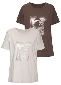 Vivance Damen T-Shirt "mit goldfarben schimmerndem Folienprint", beige, modisch, Gr. 36, bedruckt, metallic, Jersey, Obermaterial: 100% Baumwolle,