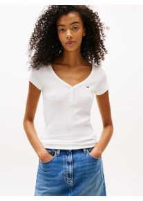 Tommy Jeans Damen Kurzarmshirt "TJW SLIM HENLEY WAFFLE SS", beige, casual, Gr. XS, unifarben, Single Jersey, Obermaterial: 58% Baumwolle, 39%