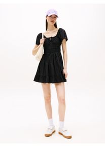 Tommy Jeans Damen Minikleid "TJW ROUCHE MINI POPLIN DRESS EXT", schwarz, casual, Gr. XS, unifarben, Web, Obermaterial: 100% Baumwolle, Kleider