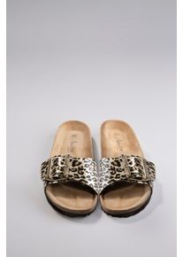 ANISTON SHOES Damen Pantolette, Gr. 38schwarz, gold, leo, Lederimitat, modisch, Schuhe, Strandschuh, Sommerschuh, Urlaubschuh, leo - NEUE KOLLEKTION