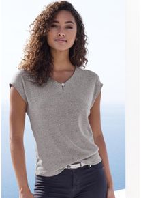 Lascana Damen Kurzarmshirt "mit funkelndem Strassknopf", grau, feminin, Gr. 32, Strukturmuster, unifarben, Strick, Obermaterial: 85% Viskose (LENZING