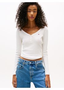 Tommy Jeans Damen Langarmshirt "TJW SLIM HENLEY WAFFLE LS", beige, casual, Gr. XL, unifarben, Single Jersey, Obermaterial: 58% Baumwolle, 39%