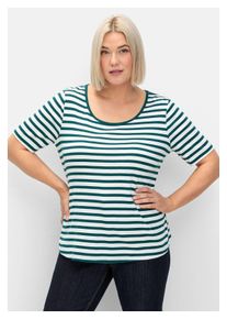 sheego Damen T-Shirt "Große Größen", blau, casual, Gr. 52, gestreift, Obermaterial: 100% Baumwolle, Shirts, mit garngefärbtem Ringel, aus Rippware