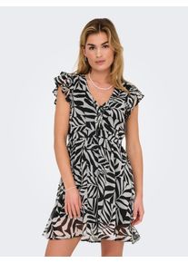 Only Damen Midikleid "ONLASTA LIFE S/S PEEKABOO DRESS WVN"schwarz aop:monochrome leafy, modisch, Gr. L, bedruckt, Obermaterial: 100% Polyester,