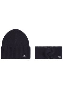 Calvin Klein Damen Strickmütze "CK METAL BEANIE & HEADBAND", schwarz, casual, unifarben, Strick, Wollmischung, Mützen, mit Logozeichen