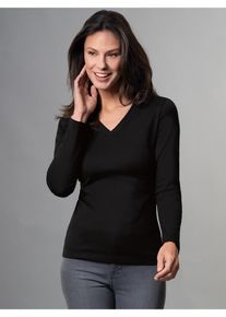 TRIGEMA Damen T-Shirt "TRIGEMA Langarmshirt mit V-Ausschnitt", schwarz, casual, Gr. S, 95% Baumwolle, 5% Elastan, Shirts