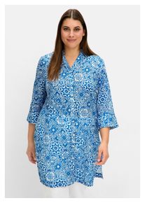 sheego Damen Hemdbluse "Große Größen", blau, feminin, Gr. 52, gemustert, Obermaterial: 100% Baumwolle, Blusen, mit Blätterdruck, aus Baumwolle