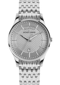 Jacques Lemans Herren Quarzuhr "London"silberfarben, silberfarben, Armbanduhren, Armbanduhr, Herrenuhr, Lederarmband, analog, Wochentag, Tag