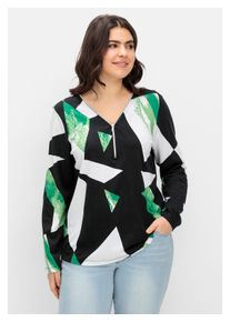 sheego Damen Langarmshirt "Große Größen", schwarz, casual, Gr. 52, gemustert, Obermaterial: 50% Baumwolle, 50% Modal, Shirts, mit Reißverschluss am