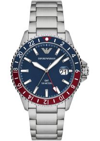 Emporio Armani Herren Quarzuhr, silber, Armbanduhren, Armbanduhr, Herrenuhr, Datum, GMT, bis 10 bar wasserdicht, Edelstahl