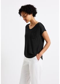 Street One Damen T-Shirt, schwarz, casual, Gr. 38, Jersey, Obermaterial: 80% Polyester, 20% Viskose, Shirts, im Leinen-Look und mit Brusttasche+ö