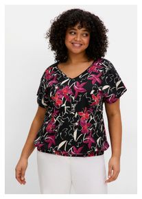 sheego Damen T-Shirt "Große Größen", schwarz, casual, Gr. 48, gemustert, Obermaterial: 100% Baumwolle, Shirts, mit Ärmel-Schlitz und Alloverdruck