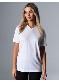TRIGEMA Damen T-Shirt "TRIGEMA V-Shirt COOLMAX", weiß, sportlich, Gr. XL, 100% Polyester (recycelt), Shirts