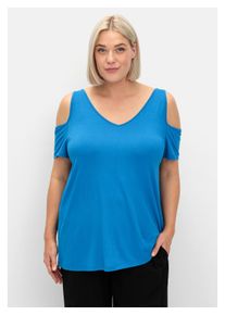 sheego Damen T-Shirt "Große Größen", blau, feminin, Gr. 40, unifarben, Obermaterial: 95% Viskose, 5% Elasthan, Shirts, mit V-Ausschnitt, im